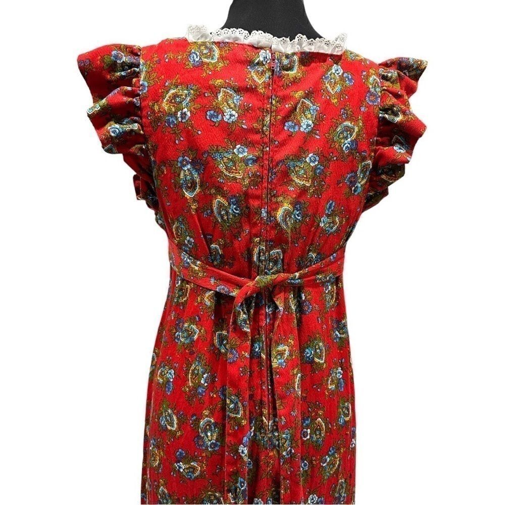 Vintage 1970s Handmade Floral Lace Prairie Maxi Dress Red Ruffle Sleeve Sz S - Picture 8 of 13
